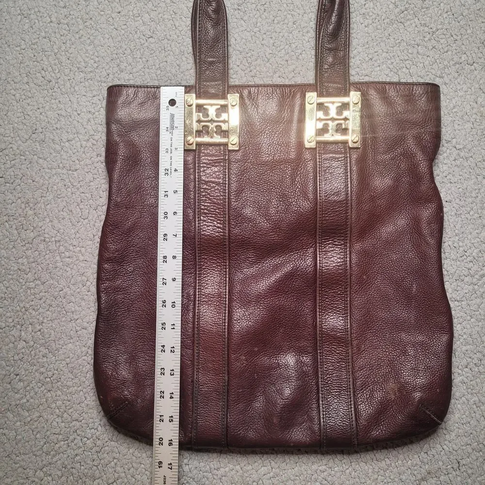 Tory Burch Tote Bag Large Brown Leather Pebbled Top Handle Logo Zip Purse